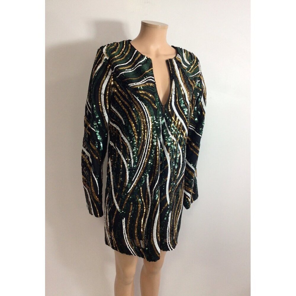 Marciano Green Gold Sequin Mini Dress Long Sleeve Party Cocktail S
